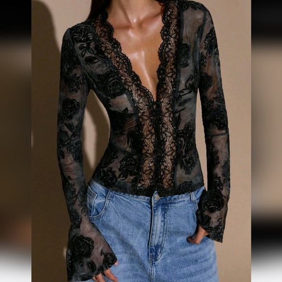 Tops - Women's Black Long Sleeve Top, Sexy Deep V-Neck, Flocked Lace Flare Sleeve,Sheer